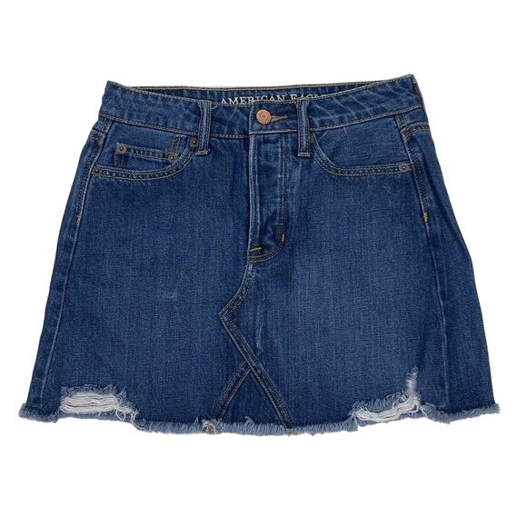 American Eagle Raw Hem Denim Mini Skirt Women's Size 00 Blue Distressed - Picture 1 of 4